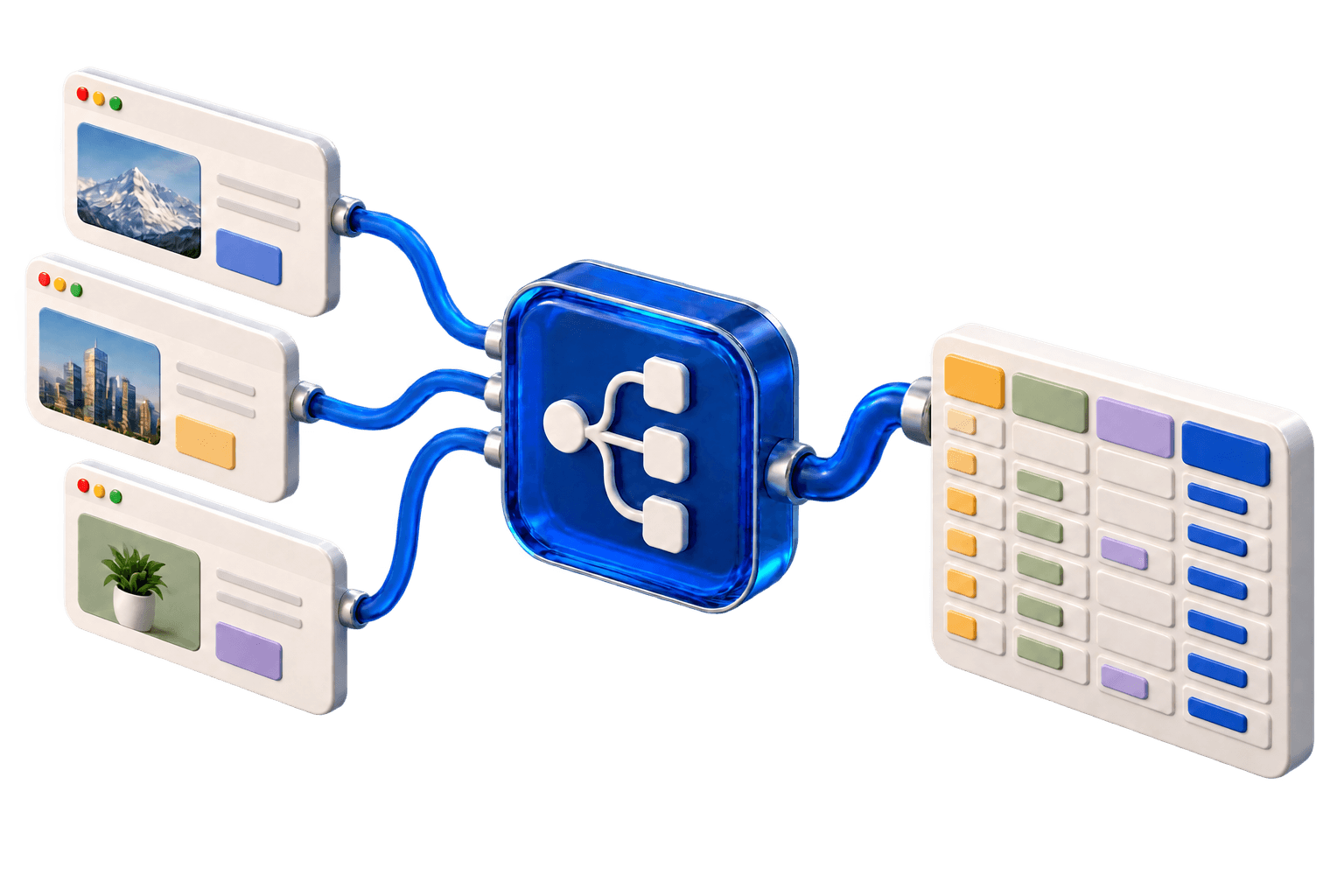Website sources connected through a cobalt orchestration hub to a structured table